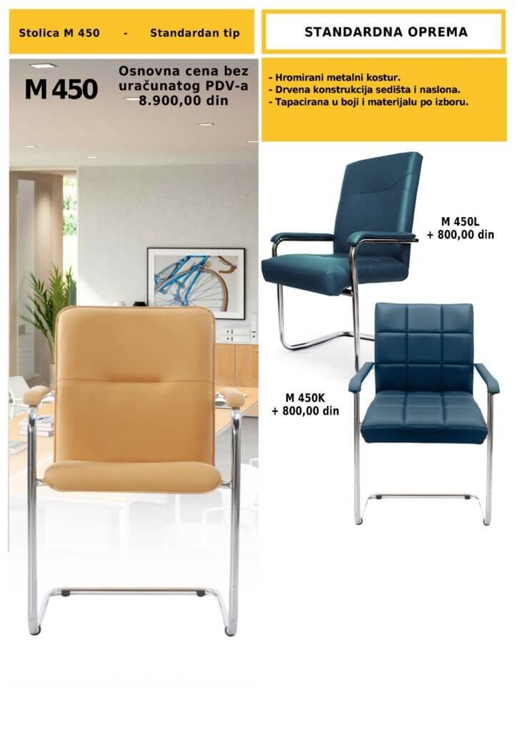 Stolica M450 sa hromiranim metalnim ramom i tapaciranim sedištem, prikazana u bež i plavoj varijanti sa opcijama dodatnih modela M450L i M450K.