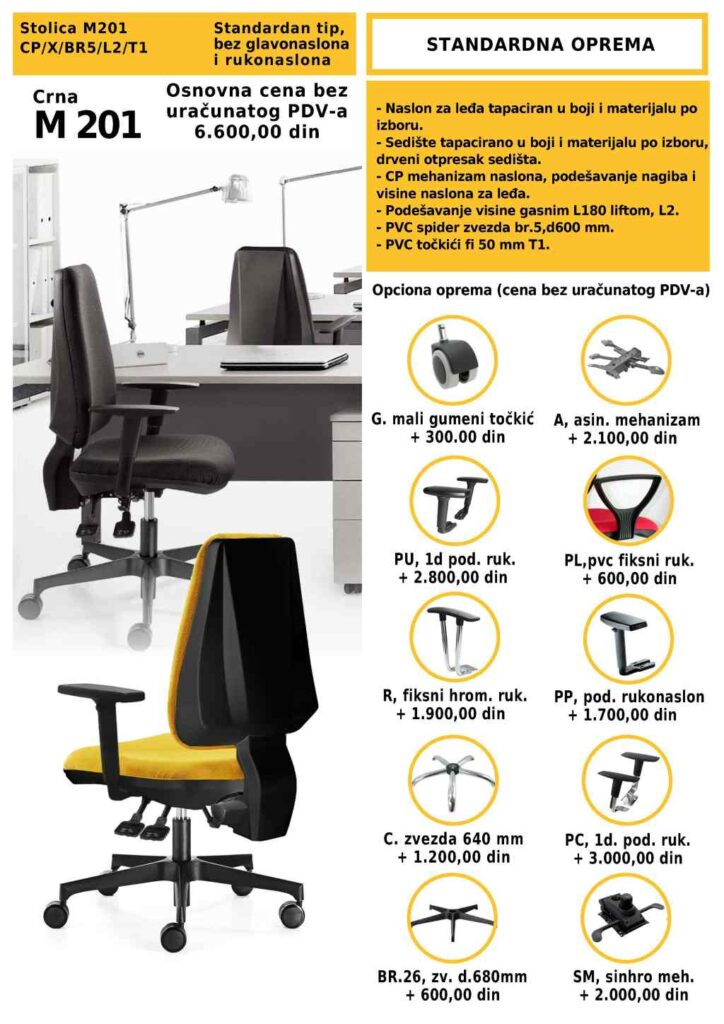 Kancelarijska stolica M201 sa tapaciranim naslonom i sedištem u crnoj i žutoj boji, prikazana u radnom okruženju sa opcijama za dodatne mehanizme i naslone za ruke.
