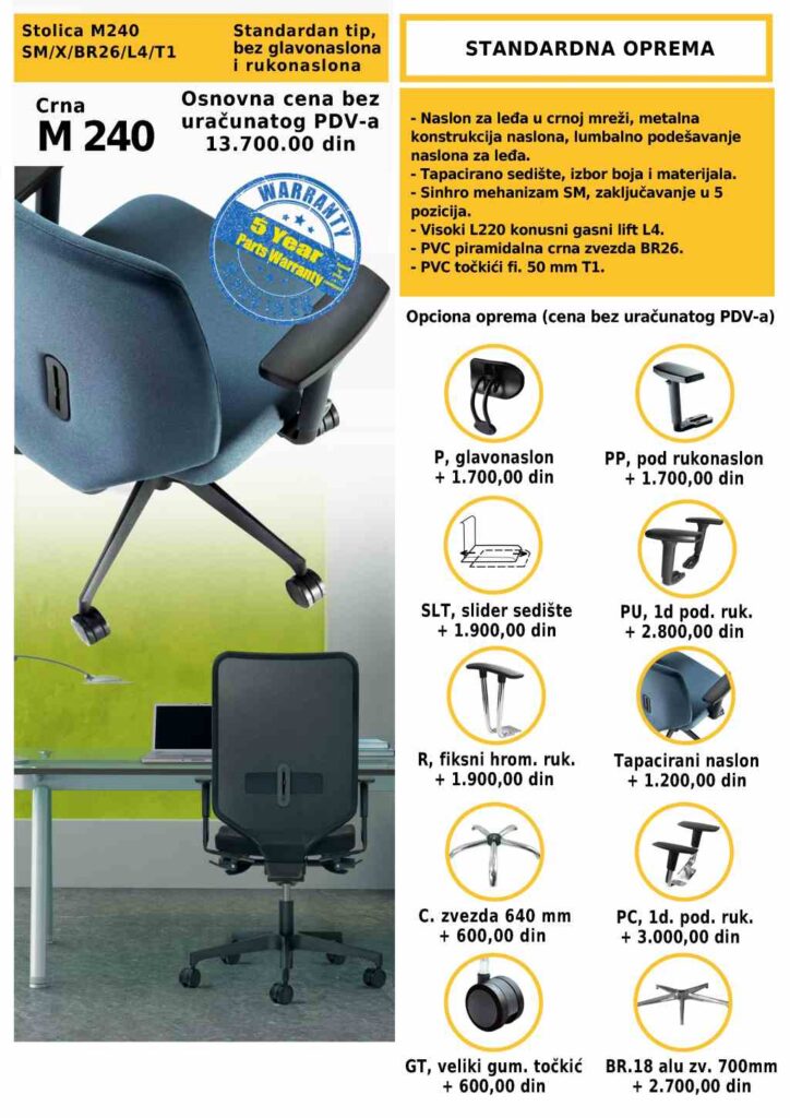 Stolica M240 u crnoj mreži sa tapaciranim sedištem i metalnom konstrukcijom, postavljena uz radni sto u kancelariji.