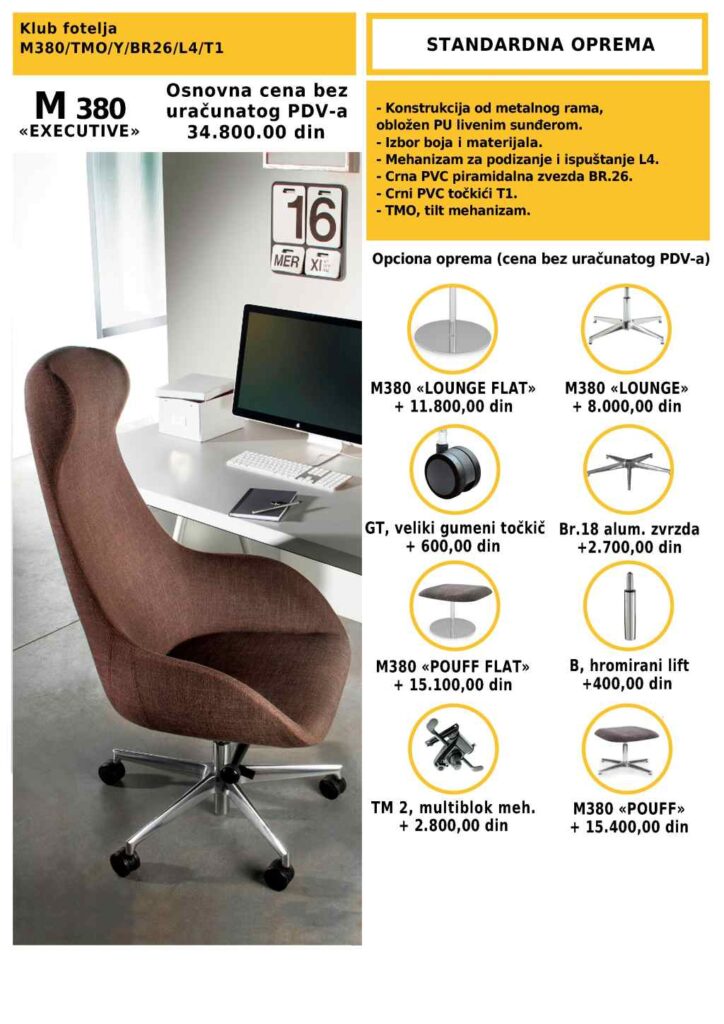 Konferencijska stolica M380 sa visokim naslonom i tapaciranim sedištem u braon boji, postavljena uz radni sto u modernom enterijeru.