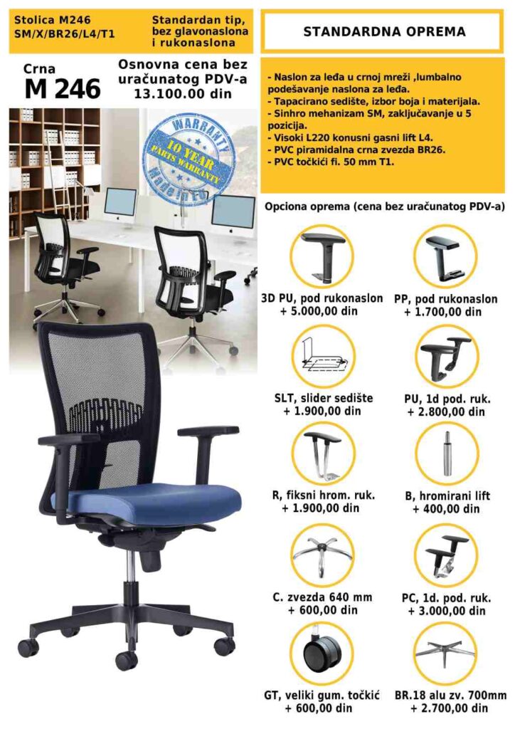 Stolica M246 u crnoj boji sa mrežastim naslonom i plavim tapaciranim sedištem, postavljena u savremeni kancelarijski prostor.