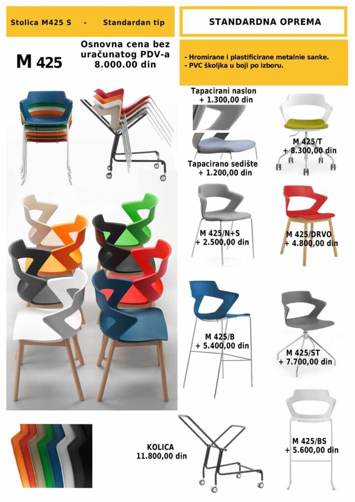 Daktilo stolica M425 dostupna u više boja i modela, izrađena od PVC školjke i metalne konstrukcije, sa prikazom opcija poput tapaciranog sedišta, drvenih nogu i barske varijante.