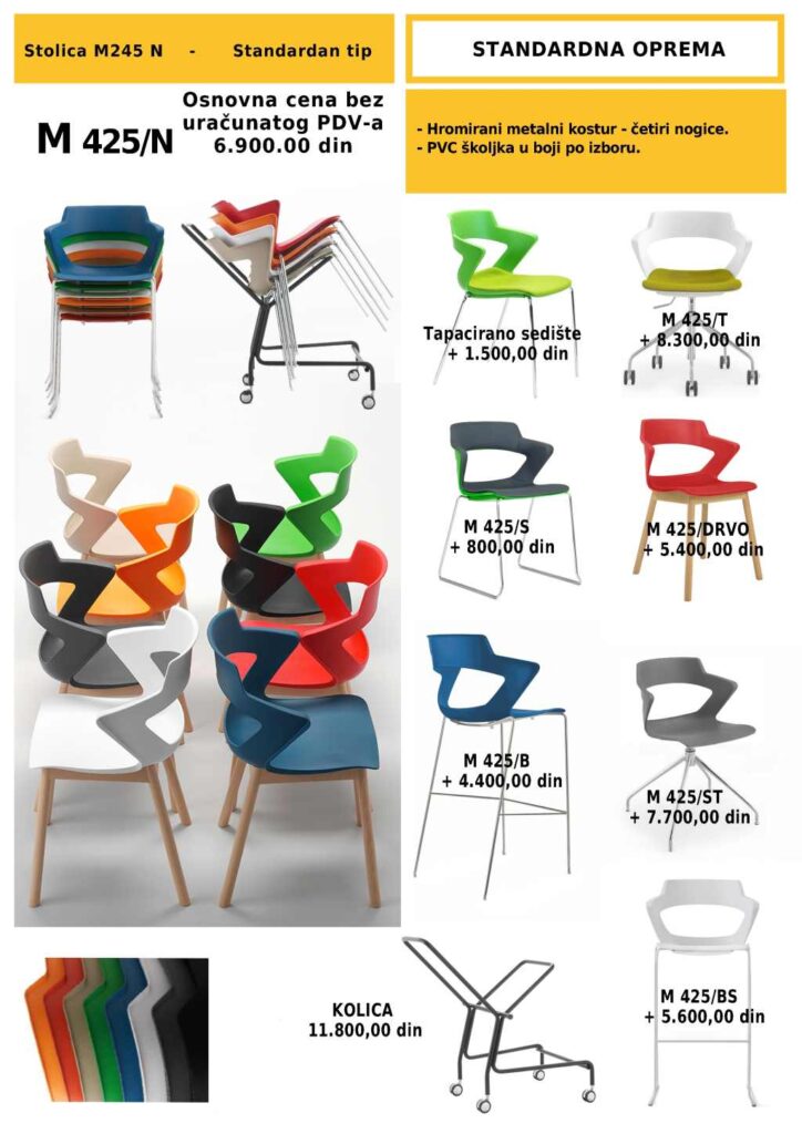 Stolica M425/N sa PVC školjkom u više boja i hromiranim metalnim kosturom, prikazana u različitim modelima i varijantama postolja.