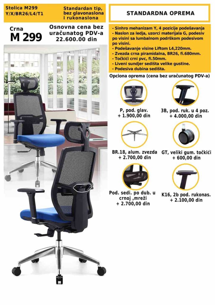 Kancelarijska stolica M299 sa mrežastim naslonom i plavim tapaciranim sedištem, prikazana u savremenom radnom prostoru sa prikazom dodatne opreme poput naslona za glavu i ruke.