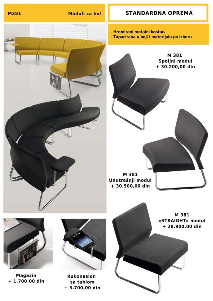 Moduli za hol M381 sa hromiranim metalnim ramom i tapaciranim sedištima, prikazani u crnoj i žutoj boji sa dodatnim elementima poput naslona sa tablom i držača za časopise.
