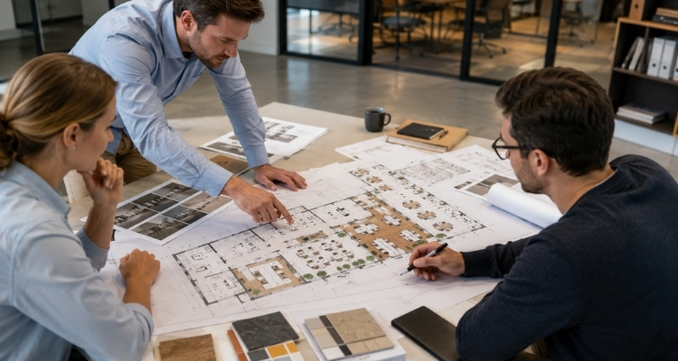 Tim stručnjaka planira raspored moderne kancelarije uz tehničke nacrte, uzorke materijala i organizaciju radnog prostora.
