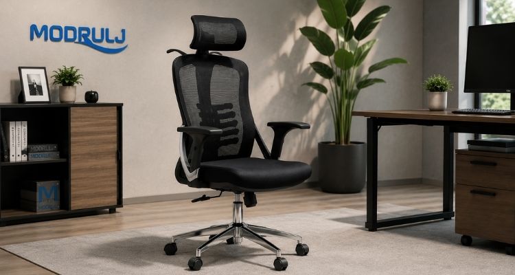 Ergonomska kancelarijska stolica sa mrežastim naslonom i naslonom za glavu postavljena u moderno uređenoj kancelariji pored radnog stola i biljke.