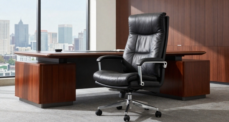 Crna kožna kancelarijska fotelja ispred velikog drvenog radnog stola u modernoj kancelariji sa pogledom na grad