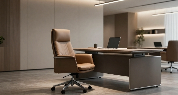 Moderna kancelarija sa minimalističkim enterijerom i kožnom kancelarijskom foteljom ispred tamnog radnog stola sa laptopom i lampom.