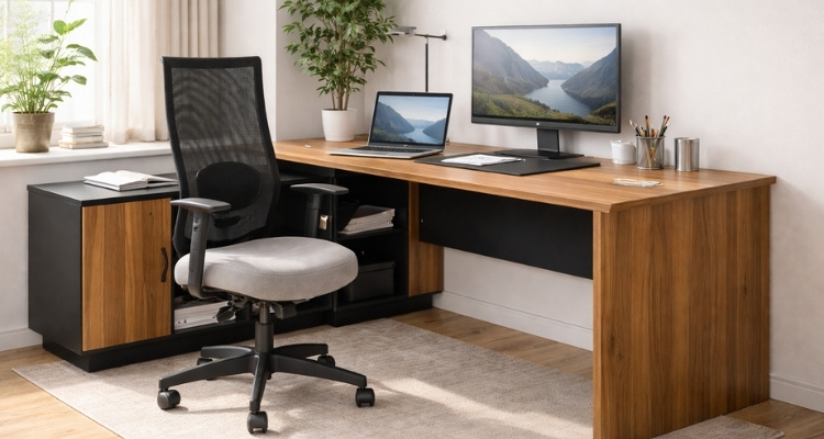 Moderna kućna kancelarija sa ergonomskom stolicom i drvenim kancelarijskim stolom