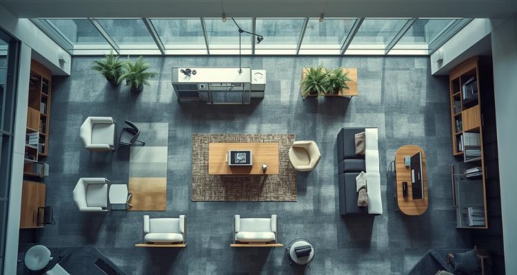 Opremanje kancelarije sa pravilno raspoređenim nameštajem i dovoljno prostora između radnih zona