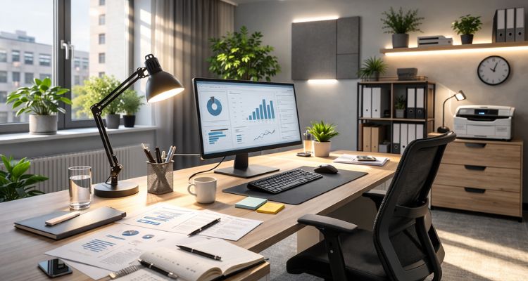 Opremanje kancelarije sa pravilno planiranom rasvetom, radni sto osvetljen neutralnim svetlom i prirodnim dnevnim svetlom sa strane