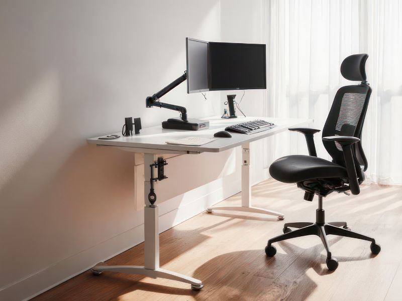 Radna stolica sa mrežastim naslonom i naslonom za glavu pored modernog radnog stola u svetloj kućnoj kancelariji.