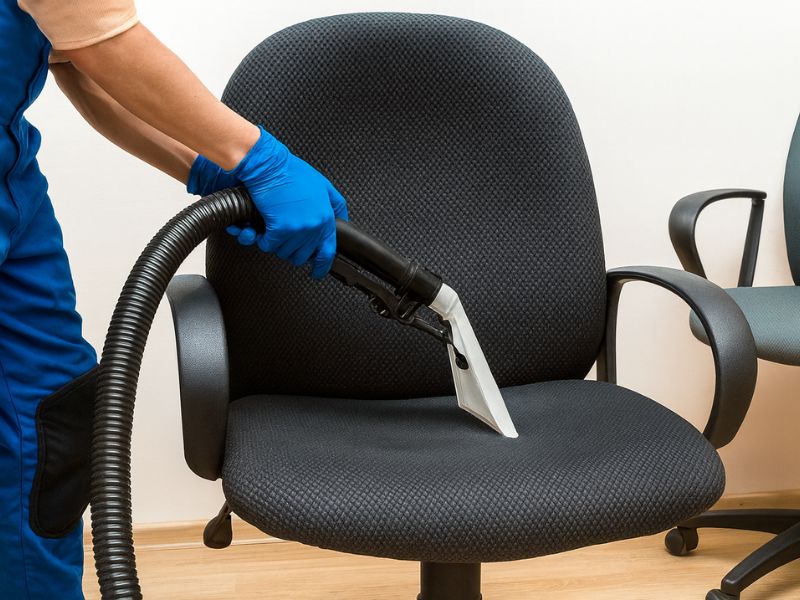 Osoba sa plavim rukavicama i profesionalnim usisivačem čisti crnu ergonomsku kancelarijsku stolicu od tkanine u modernom radnom prostoru.