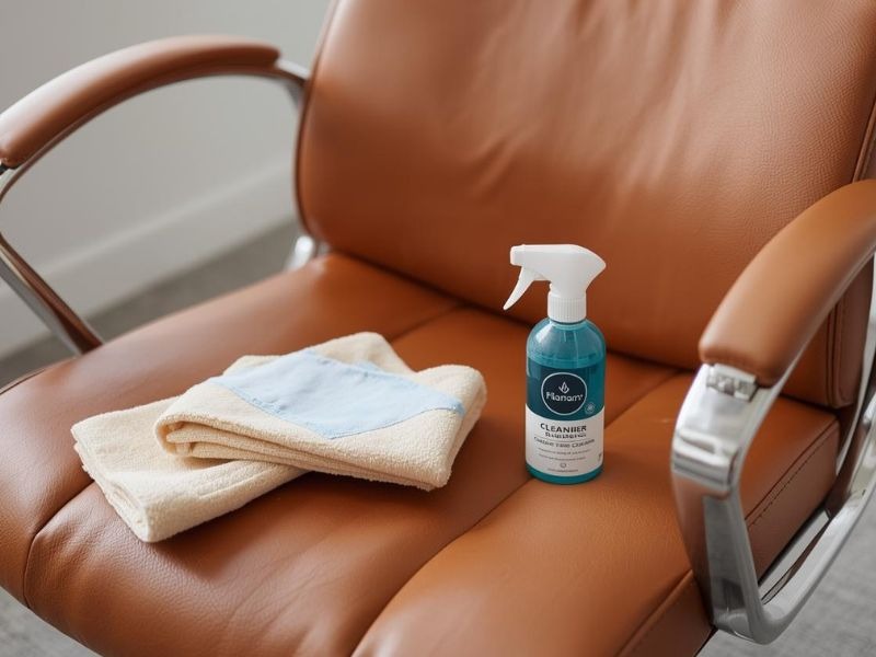 Braon kožna stolica na kojoj stoji sredstvo za čišćenje i meke krpe.