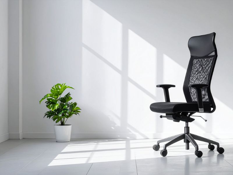 Crna ergonomska mrežasta stolica u svetloj, minimalističkoj prostoriji pored saksije sa zelenom biljkom.