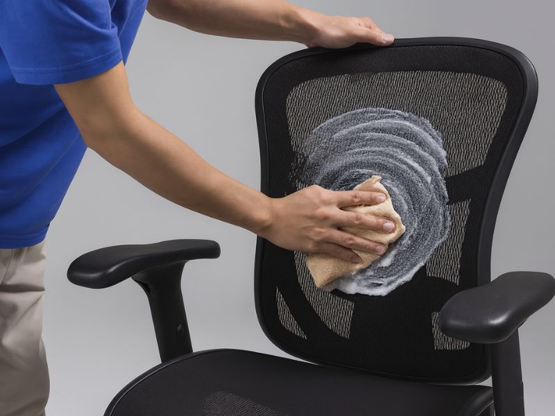 Osoba čisti tvrdokornu mrlju sa naslona mrežaste ergonomske stolice koristeći krpu i pastu od sode bikarbone, kružnim pokretima.