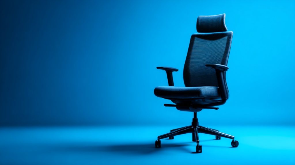 Moderna ergonomska kancelarijska stolica sa naslonom za glavu i točkićima, osvetljena plavim svetlom na plavoj pozadini