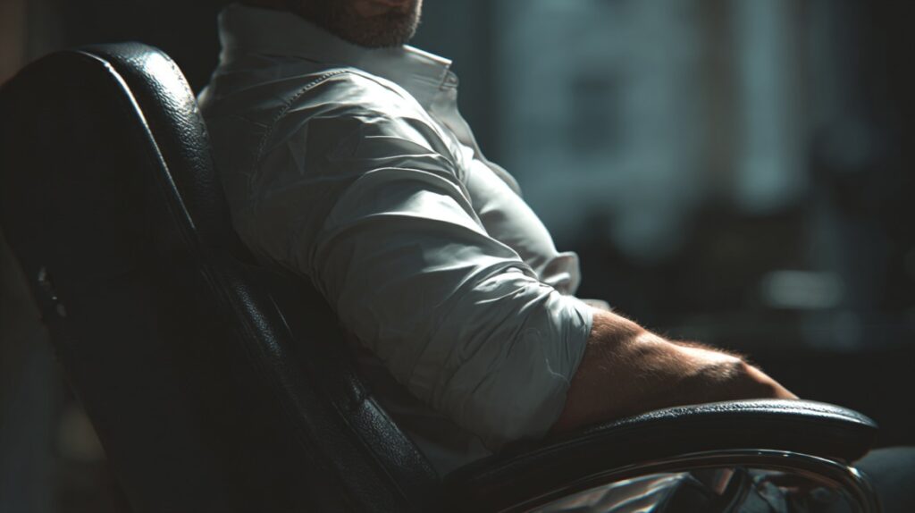 Osoba sedeći u kožnoj kancelarijskoj stolici naslonjena unazad