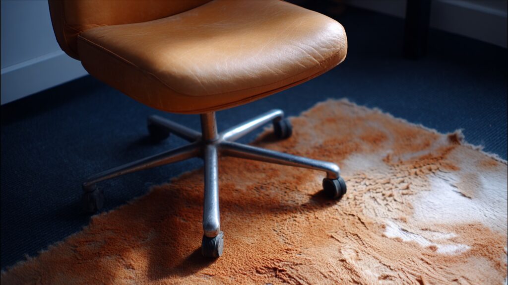 Stolica na točkićima stoji na istrošenom i oštećenom filcanom tepihu