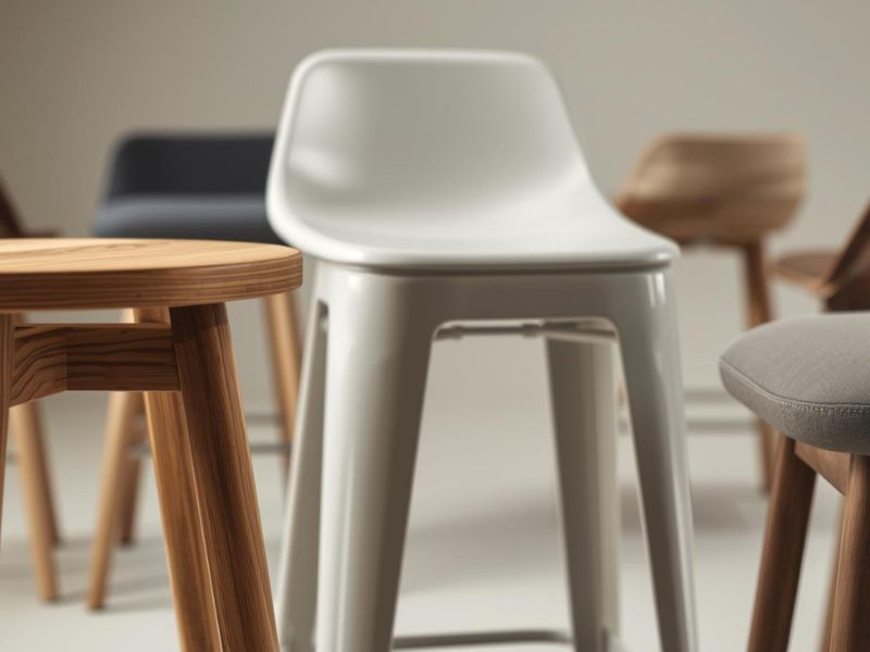 Barske stolice u različitim materijalima – drvo, plastika i tapacirano sedište – prikazane na neutralnoj pozadini radi prikaza razlike u karakteru i dizajnu.