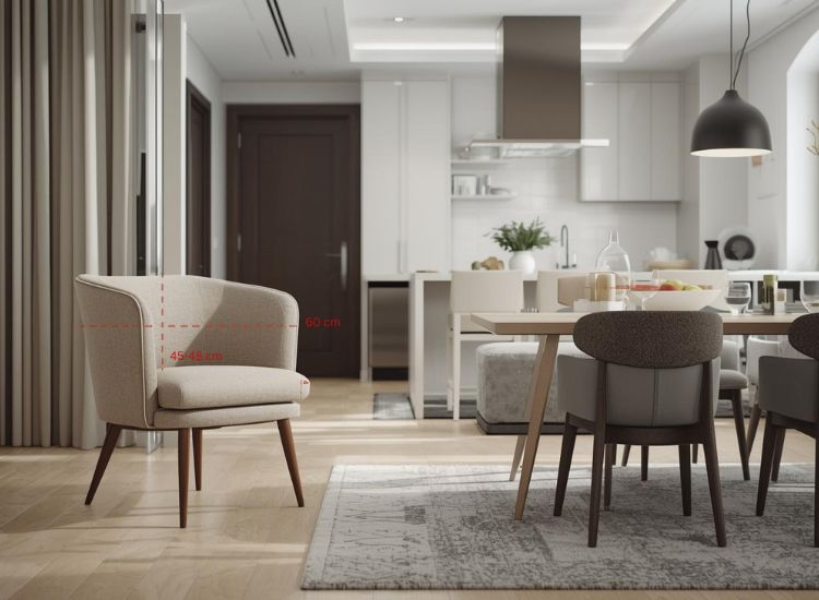 Tapacirana stolica u modernom dnevnom boravku, sa označenim preporučenim dimenzijama visine i širine za pravilne proporcije u prostoru