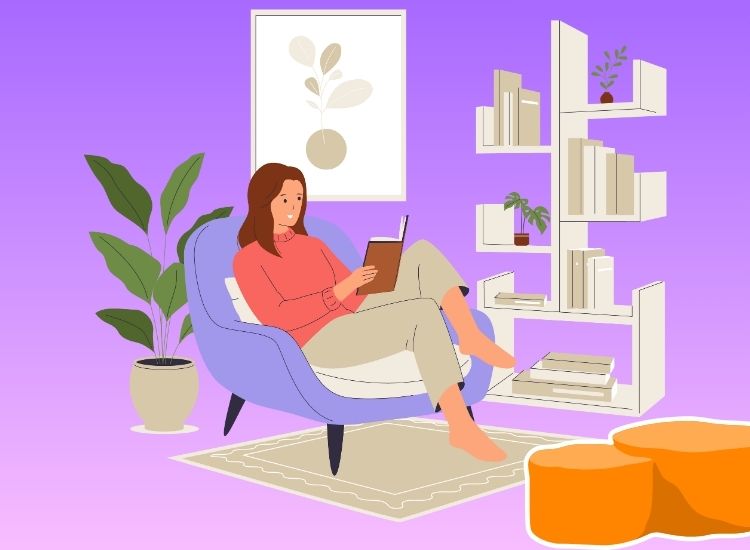 Ilustracija žene koja sedi u udobnoj stolici za dnevni boravak i čita knjigu u modernom, toplom enterijeru.