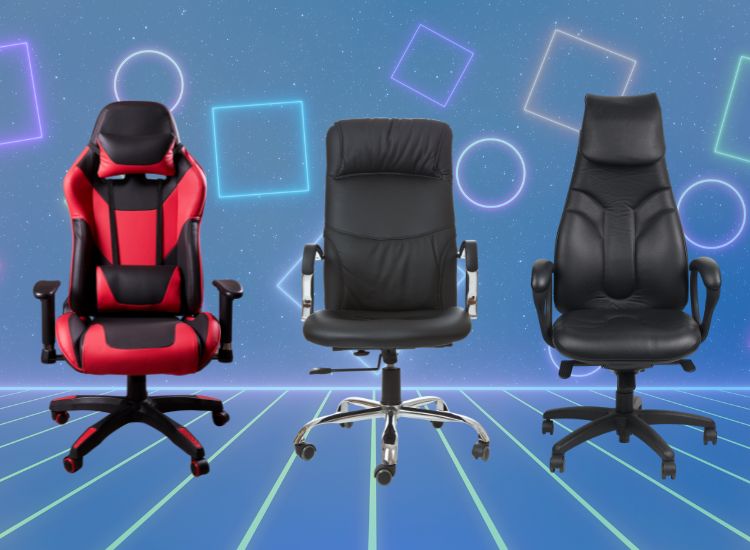 Tri kompjuterske stolice različitog dizajna, uključujući gejmerski i klasični model