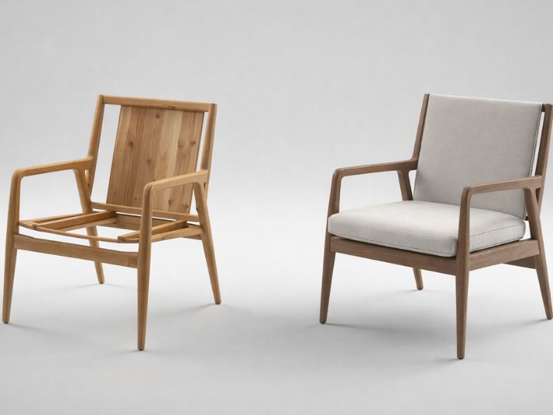 Dve moderne drvene fotelje, jedna bez tapacirunga koja otkriva konstrukciju ramena, a druga sa svetlim tapaciranim sedištem i naslonom na neutralnoj pozadini.
