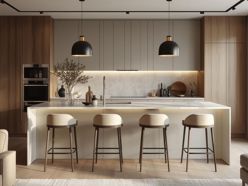 Moderna kuhinja sa kuhinjskim ostrvom i elegantnim barskim stolicama u neutralnim tonovima, idealnim za savremene enterijere.