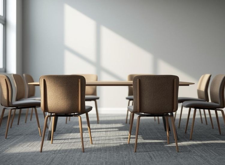 Konferencijske stolice postavljene oko stola u sali za sastanke, tapacirano sedište i naslon prilagođeni kratkim sastancima i obukama.