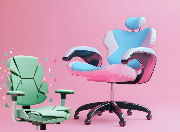 Dve moderne, šareno dizajnirane ergonomске stolice za radni sto na ružičastoj pozadini, jedna u pastelno plavim i roze tonovima sa naslonom za glavu, a druga u zelenoj geometrijskoj formi.
