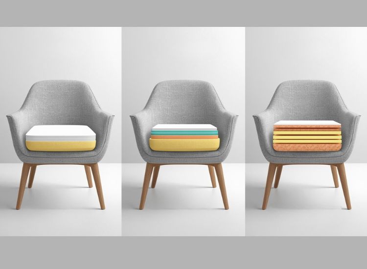 Tri tapacirane stolice sa prikazom različitih slojeva punjenja u sedištu – meko, srednje i višeslojno punjenje za različit osećaj sedenja