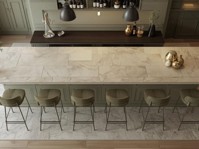 Barske stolice raspoređene uz dugi šank u neutralnim zelenim tonovima, prikazane iz ptičje perspektive kako bi se jasno videli razmak i organizacija sedenja.