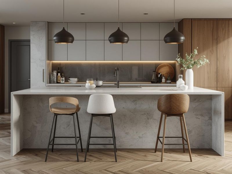 Tri različita modela barskih stolica pored kuhinjskog šanka, koji jasno pokazuju koliko oblik i dizajn utiču na izgled prostora.