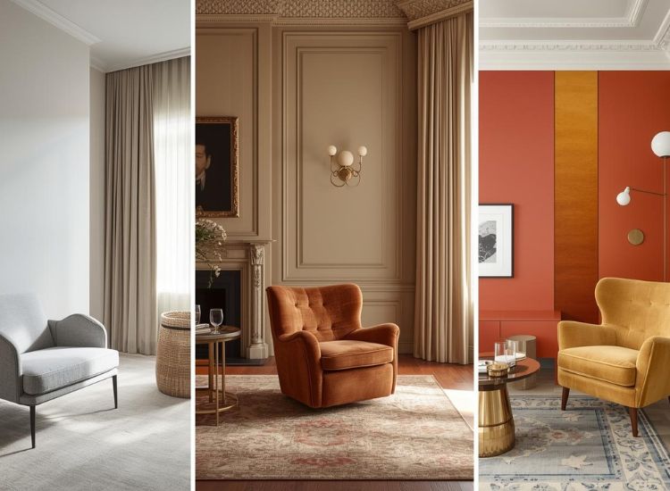 Tri različita enterijera sa tapaciranim stolicama – minimalistički prostor sa neutralnom stolicom, klasičan topli enterijer sa plush stolicom i moderan živopisan prostor sa naglašenom bojom stolice