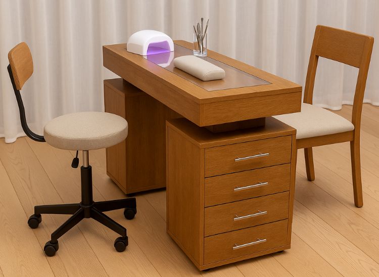 Manikir sto od drveta sa opremom i dve stolice u urednom salonu.