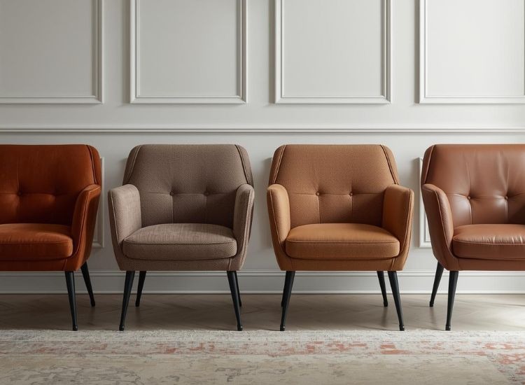 Tapacirane stolice različitih materijala i tekstura postavljene u nizu u modernom enterijeru