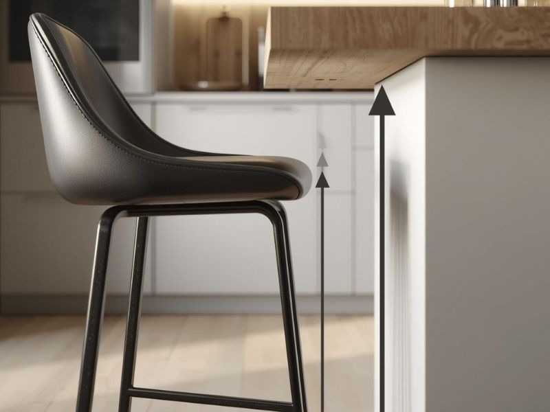 Barska stolica pored kuhinjskog šanka, sa grafičkim strelicama koje prikazuju razliku u visini između sedišta i radne ploče.