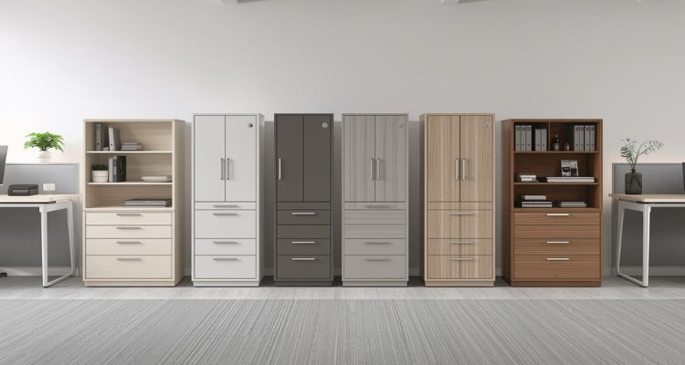 Više kancelarijskih komoda i ormana istog dizajna u različitim bojama, postavljenih u modernom kancelarijskom prostoru uz radne stolove.
