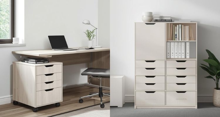 Poređenje kancelarijske kasete ispod radnog stola i kancelarijske komode pored zida, prikaz razlike između kompaktnog i većeg rešenja za odlaganje u radnom prostoru.