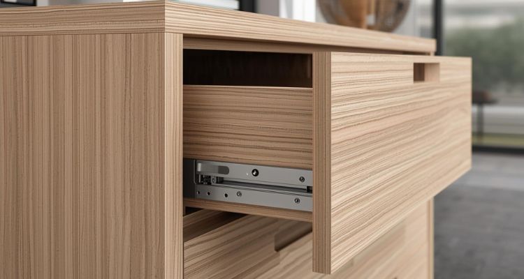 Detalj kancelarijske komode sa izvučenom fiokom, prikaz kvalitetnih metalnih klizača i obrađenih ivica na oplemenjenoj iverici.