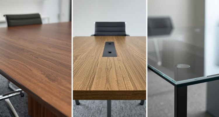 Prikaz različitih materijala konferencijskog stola, masivno drvo, kombinacija drveta i metala i staklena radna ploča u kancelariji.