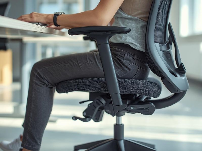 Osoba sedi na kancelarijskoj stolici ispravljenih leđa