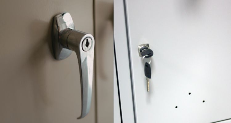 Detalj cilindrične brave i katanca na metalnom ormaru za bezbedno zaključavanje sadržaja