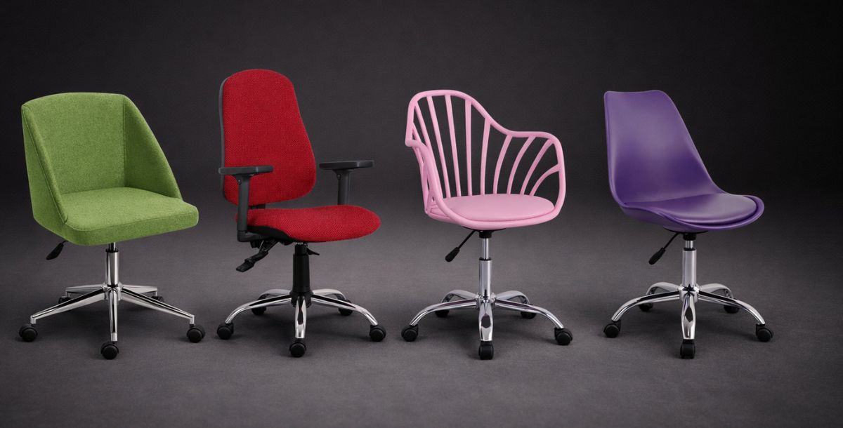 Kancelarijske daktilo stolice različitih modela na tamno sivoj neutralnoj pozadini, hromirana baza sa točkićima