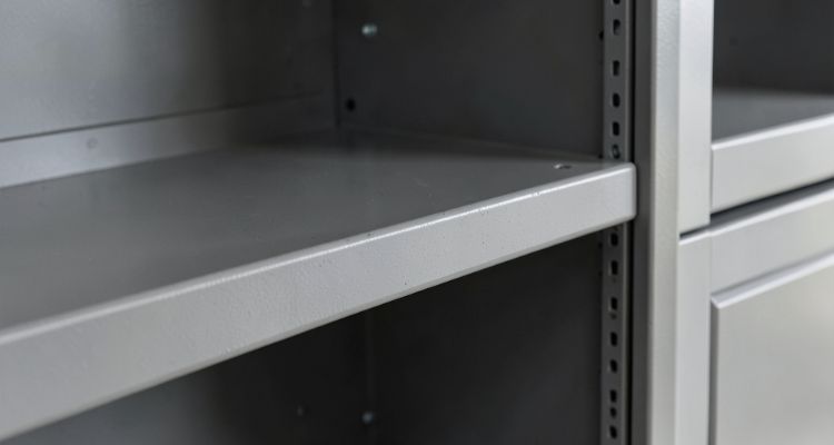 Detalj metalnog ormara sa čeličnom policom i stabilnom konstrukcijom prilagođenom većem opterećenju