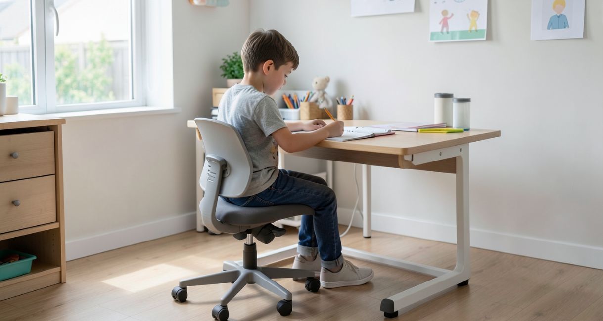 Dečak sedi na radnoj stolici za radnim stolom i piše