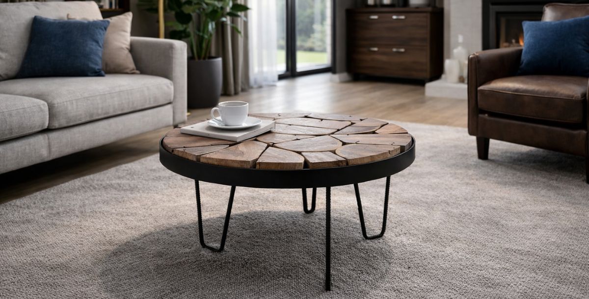 Okrugli klub sto od punog drveta sa metalnim nogama uklopljen u moderno uređenu dnevnu sobu