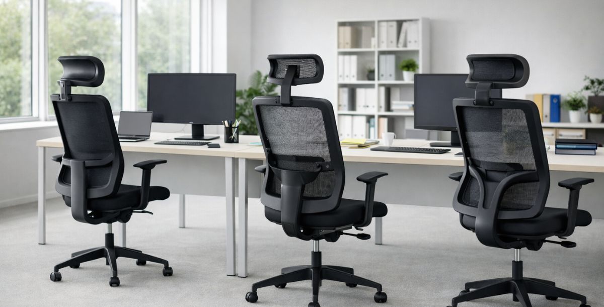 Moderna kancelarija opremljena ergonomskim stolicama sa podesivim glavonaslonima, postavljenim uz radne stolove u prostoru sa prirodnim osvetljenjem.